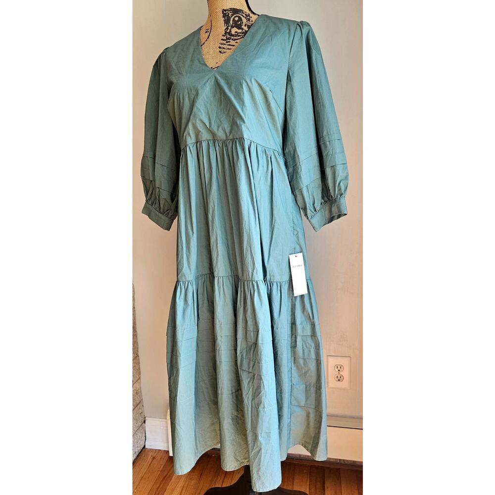 Aura Dress The Red Dress Oversized Babydoll Tiered V Neck Maxi -Green, Sz XS